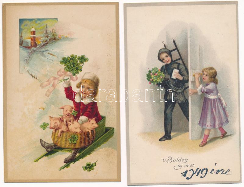 2 db RÉGI újévi litho üdvözlő képeslap / 2 pre-1945 New Year litho greeting postcards