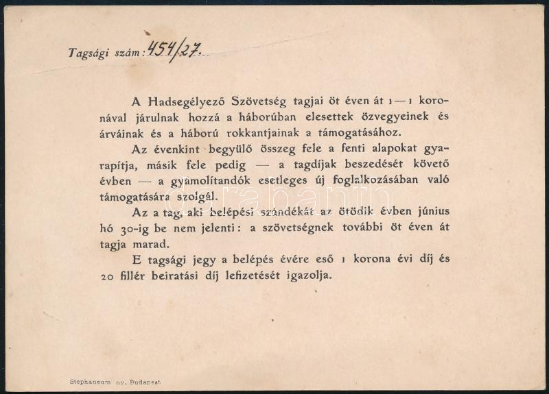 1915 A Hadsegélyező Szövetség tagsági jegye - Image 2