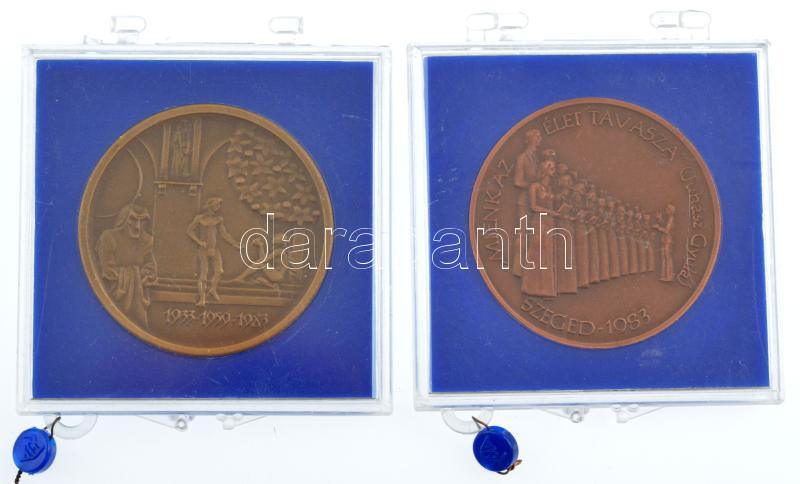 Fritz Mihály (1947-) 1983. 'Szegedi Szabadtéri Játékok' kétoldalas Br emlékérem (42,5mm) + 1983. ' ,,Miénk az élet tavasza' (Juhász Gyula) Szeged 1983 / 75 éves a Szakszervezetek Szegedi Általános Munkáskórusa' kétoldalas Br