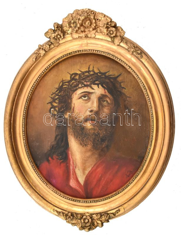Olvashatatlan jelzéssel: Ecce homo. Olaj, karton. Dekoratív, ovális, kissé sérült fakeretben, 27,5×24 cm