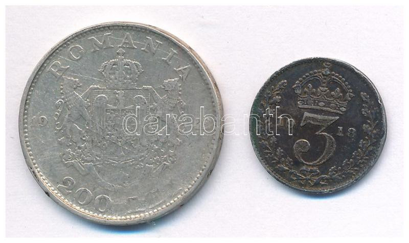Nagy-Britannia 1918. 3P Ag 'V. György' + Románia 1942. 200L Ag 'I. Mihály' T:2-,3 patina, karc Great Britain 1918. 3 Pence Ag 'George V' + Romania 1942. 200 Lei Ag 'Mihai I' C:VF,F patina, scratched - Image 2