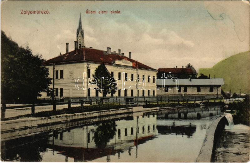 1913 Zólyombrézó, Podbrezová; Állami elemi iskola / elementary school + 'ZÓLYOM-BREZÓ - ZÓLYOM 98. SZ.' vasúti mozgóposta bélyegző (EK)