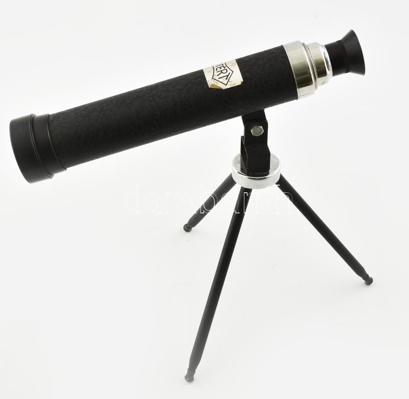 Ofotért retró játék/makett távcső tripod állvánnyal, összecsukható, etikettel jelzett, m: 30 cm