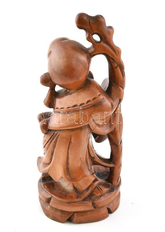 Távol-keleti bölcs, faragott fa szobor, kis repedésekkel, m: 22 cm - Image 2