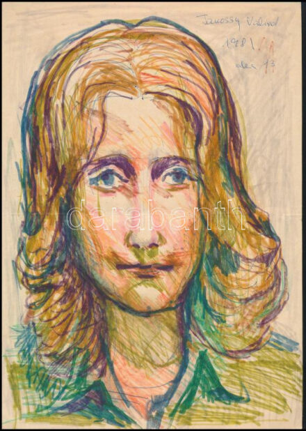 Jánossy Ferenc (1926-1983): Vali. Golyóstoll, filctoll, papír, jelzés nélkül, jobb felső sarkában feliratozott. Kétoldalas mű, hátoldalán enteriőr, golyóstoll. 29,5x21 cm