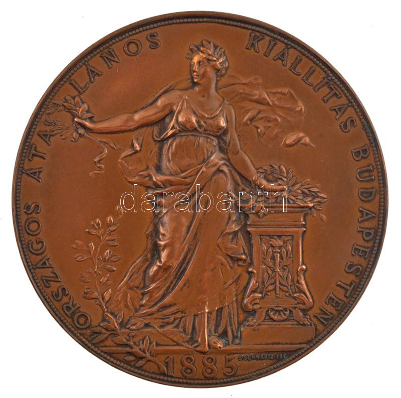 Schwartz István (1851-1924) 1885. 'Országos Általános Kiállítás Budapesten 1885 / Herzog Saroltának Budapest - Az érdem jeléül' kétoldalas bronz emlékérem eredeti 'Budapesti Országos Kiállítás 1885' feliratú dísztokban, korának