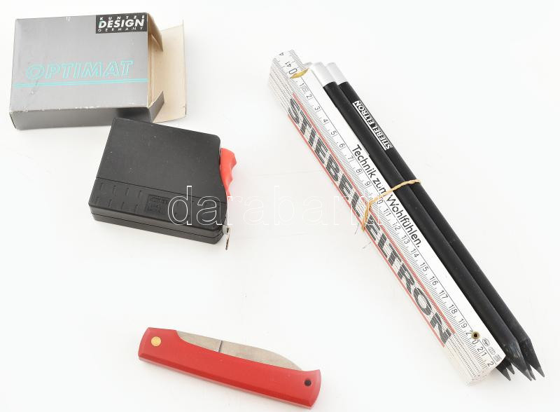 Mérőszalag + 2m-es zollstock + inox zsebkés + 5 db ácsceruza