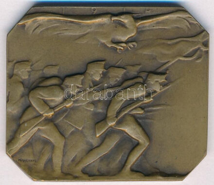 1914. 'Honvéd roham' egyoldalas bronz plakett, hátoldalán 'BSW (Bruder Schneider Wien)' gyártói jelzéssel. Szign.:Murányi Gyula (35x40mm) T:1-,2 hátoldalán karc / Hungary 1914. 'Honved Assault' one-sided bronze plaque with 'BSW (Bruder