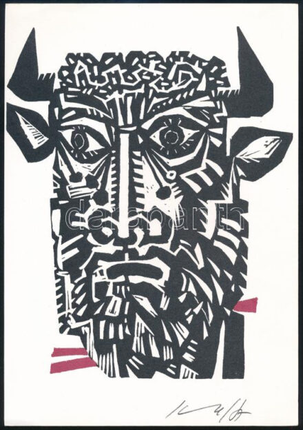 Kass János (1927-2010): Bikasirató. Linómetszet, papír, jelzett, nyomtatott aláírással. Devecseri Gábor (1917-1971)-Kass János (1927-2010): Bikasirató c. művéből. Bp., 2000, Tótfalusi Kis Miklós Nyomdaipari Műszaki