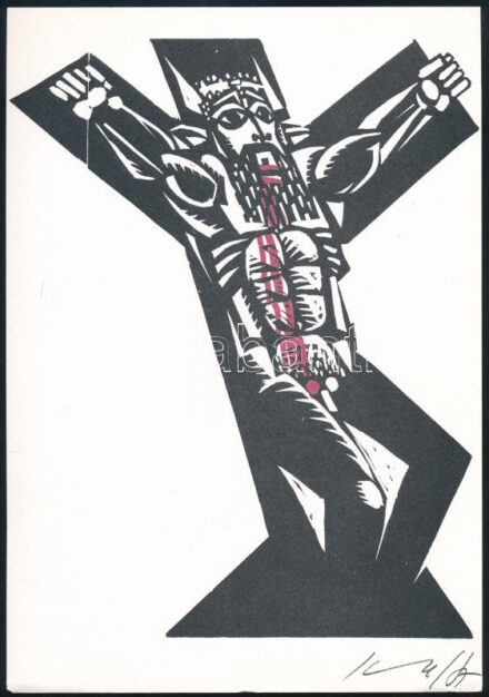 Kass János (1927-2010): Keresztre feszített. Linómetszet, papír, jelzett, nyomtatott aláírással. Devecseri Gábor (1917-1971)-Kass János (1927-2010): Bikasirató c. művéből. Bp., 2000, Tótfalusi Kis Miklós Nyomdaipari Műszaki