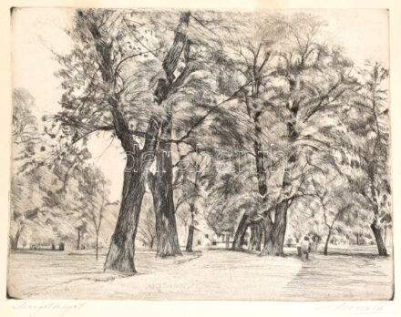 Beron Gyula (1885-1971): Margitsziget. Rézkarc, papír, jelzett, foltos. 29,5×38,5 cm