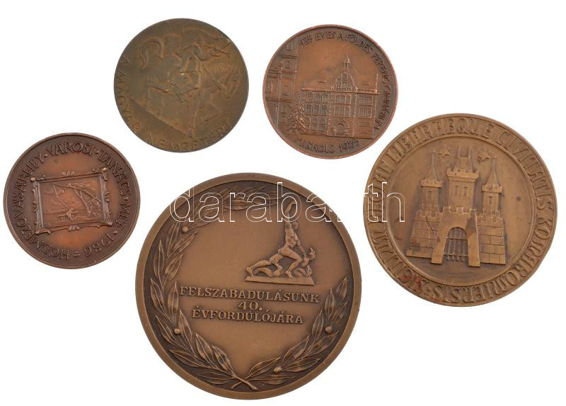 5db-os, főleg magyar bronz emlékérem-tétel, közte: Lantos Györgyi: 1986. 'Tornyai János halálának 50. évfordulójára / Hódmezővásárhely Városi Tanács MÉE' bronz emlékérem (42,5mm) + Tóth Júlia (1951-) (?) 1985. '425 éves a - Image 2