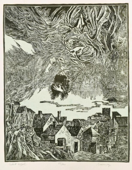Badacsonyi Sándor (1949-2016): Bukott angyal. Linómetszet, papír, jelzett. Számozott: 75/100. Lap alja foltos. 34,5x27,5 cm