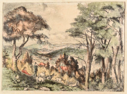 Zugor Sándor (1923-2002), Böhm Lipót, Poldi (1916-1995): Hűvösvölgy. Színezett rézkarc, papír, jelzett, foltos, 29x39,5 cm,