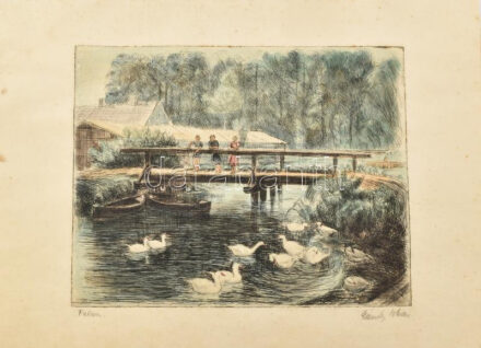Élesdy István (1912-1987): Falun. Színezett rézkarc, papír, jelzett, foltos. 24×30 cm
