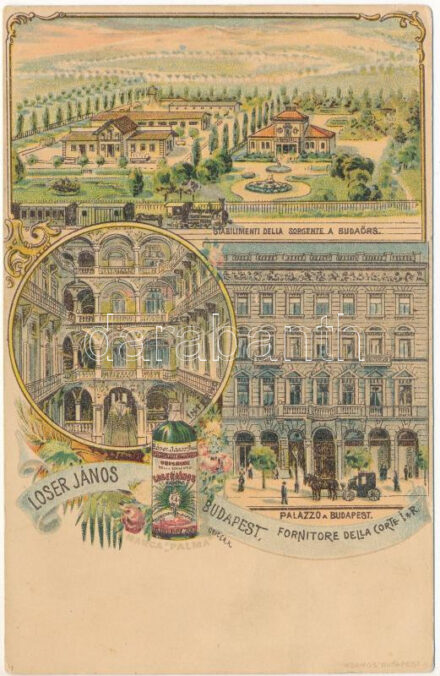 1900 Budapest VIII. Loser János palota homlokzata és udvara (József krt. 60), keserűvíz üzeme a forrással Budaörsön, gőzmozdony, reklám / Stabilimenti della Sorgente, Palazzo Fornitore della Corte I. & R., Marca Palma. 'Kosmos' Art