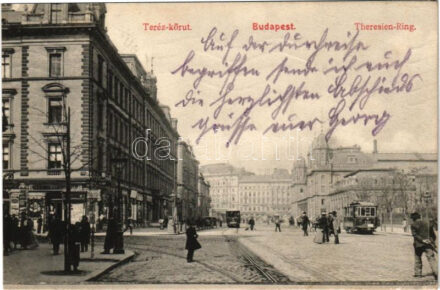 1914 Budapest VI. Teréz körút, Nyugati pályaudvar, vasútállomás, villamosok, M. k. dohánytőzsde, üzletek. M.T. és F.I. Koch és Pór kiadása (r)