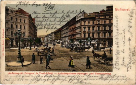 1906 Budapest VI. Andrássy út (Oktogon) és Teréz körút, üzletek, villamos, lovaskocsik. Ganz Antal 45. (EB)