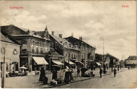 Gyöngyös, Fő tér, piac, Fehér és Steiner, Rusz Lipót üzlete, Takarékpénztár (EK)
