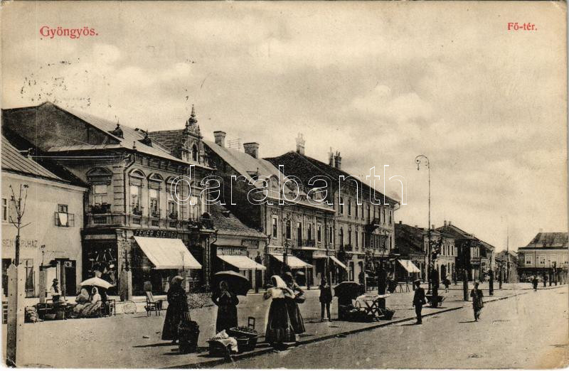 Gyöngyös, Fő tér, piac, Fehér és Steiner, Rusz Lipót üzlete, Takarékpénztár (EK)