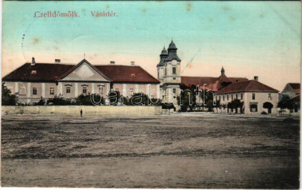 1908 Kiscell, Celldömölk; Vásártér a kolostorral, Guttmann Adolf üzlete. Szagan János kiadása (fl)