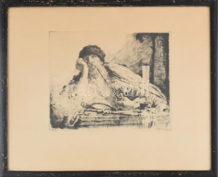 Prihoda István (1891-1965) - Glatter Gyula (1886-1927): Ivóban (Pipázó kocsis). Rézkarc, papír, jelzett a karcon, üvegezett fakeretben, 23×29 cm