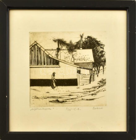 Bokros László (1928-2017): Alföldi képek. Rézkarc, papír, jelzett, művészpéldány E.A. jelzéssel, számozott (11/25), üvegezett fakeretben, 14,5×15 cm