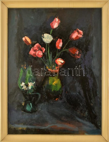 Palicz József (1931-2010): Csendélet. Olaj, farost, jelezve balra lent. Hátoldalán autográf felirattal és Képcsarnok Vállalat címkéivel. Fakeretben. 80×60 cm