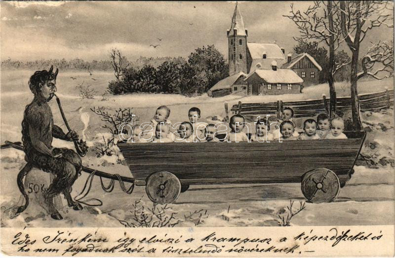 Krampusz és baba szekér / Krampus with cart full of babies. B.K.W.I. No. 2530/5. (Rb)