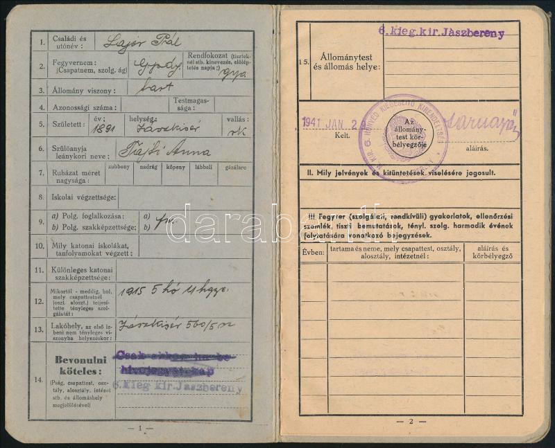1941 Katonai igazolványi lap, M. Kir. 6. Honvéd Kieg. Kirendeltség Jászberény