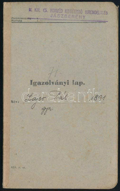 1941 Katonai igazolványi lap, M. Kir. 6. Honvéd Kieg. Kirendeltség Jászberény - Image 2