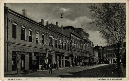1931 Békéscsaba, Andrássy út, színház, Lédig Károly cukrászdája, Takáts üzlete, villamos (EK)