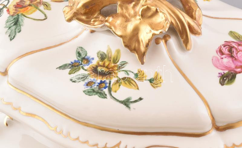 Limoges manufaktúra, leveses tál alátéttel, kézzel festett porcelán, jelzett, minimális kopással, Terv: Delmotte. 47x31x30 cm - Image 2