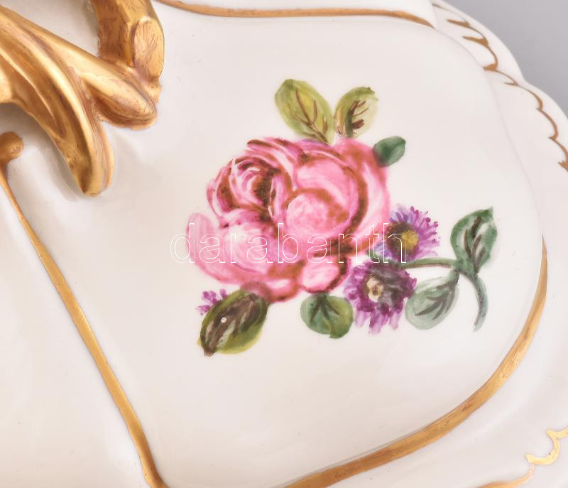 Limoges manufaktúra, leveses tál alátéttel, kézzel festett porcelán, jelzett, minimális kopással, Terv: Delmotte. 47x31x30 cm - Image 3