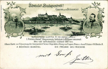 1898 (Vorläufer) Budapest. Szövetségi-Kártya ő felségeinek: I. Ferenc József Magyarország királyának és II. Vilmos császárnak itten való tartózkodásuk emlékéül 1897-ben. A Békének barátai. Verlag Mercur / Art Nouveau, floral,