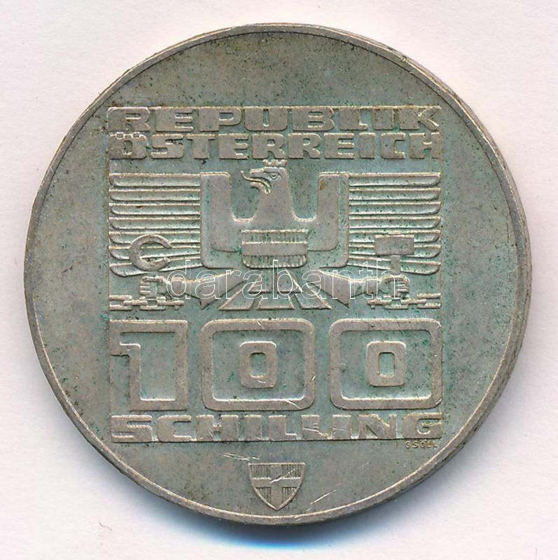 Ausztria 1976. 100Sch Ag 'Téli Olimpia Innsbruck' T:1- patina Austria 1976. 100 Schilling 'Winter Olympics Innsbruck / Building and Olympic logo' C:AU Krause KM#2927