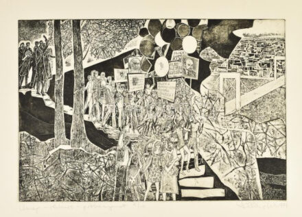 Stettner Béla (1928-1984): Ünnep, 1971. Rézkarc, papír, jelzett. Próbanyomat. Számozott (9/10). Feltekerve. 26x38 cm.