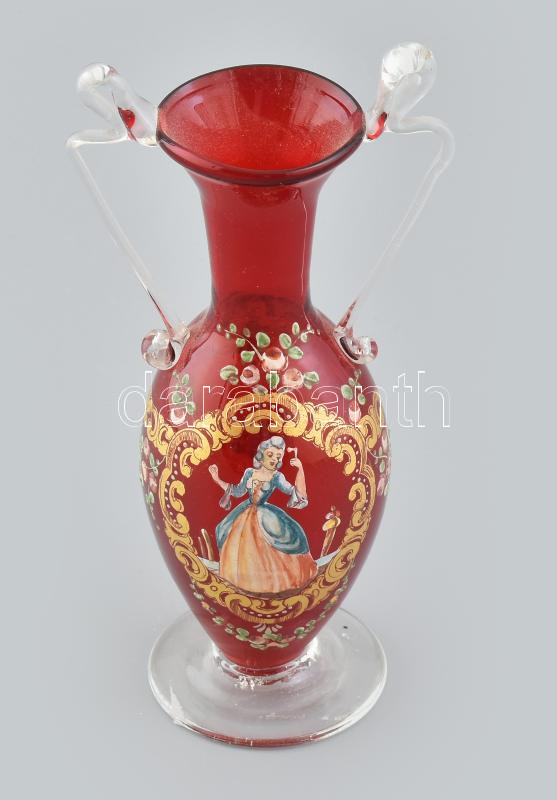 Velencei antik üveg váza, fújt, kézzel festett, aranyozott, hibátlan, m: 20cm - Image 2