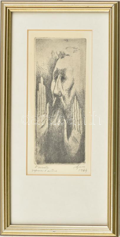 Olvashatatlan jelzéssel, feltehetően olasz alkotó: Az aszkéta, 1964. Rézkarc, papír, jelzett. Üvegezett fakeretben. 16,5x7 cm.