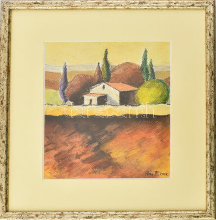Olvashatatlan jelzéssel: Toszkánai táj, 2017. Pasztell, papír. Üvegezett fakeretben. 20x16,5 cm.