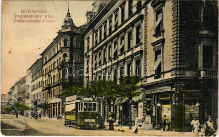 1913 Budapest VI. Podmaniczky utca, 8-as villamos a Városliget felé, tőzsde üzlet (EK)