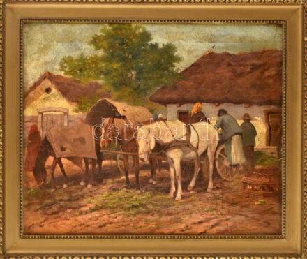 Gutaházy Németh Gyula (1892-1959): Lovasszekér a vásáron. Olaj, vászon, jelezve jobbra lent, kissé sérült. Dekoratív, kissé sérült fakeretben, 45×55 cm