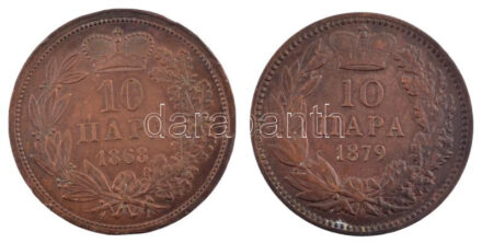 Szerbia 1868. 10p bronz 'III. Mihály' + 1879. 10p bronz 'IV. Mihály' T:2 kis ph. Serbia 1868. 10 Para bronze 'Michael III' + 1879. 10 Para bronze 'Mihailo IV' C:XF small edge error Krause KM#3, KM#8