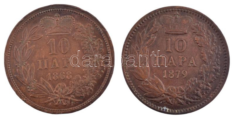 Szerbia 1868. 10p bronz 'III. Mihály' + 1879. 10p bronz 'IV. Mihály' T:2 kis ph. Serbia 1868. 10 Para bronze 'Michael III' + 1879. 10 Para bronze 'Mihailo IV' C:XF small edge error Krause KM#3, KM#8