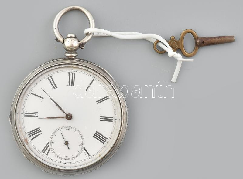 Ezüst (Ag) zsebóra, mechanikus szerkezettel, kulccsal, működik, jelzett d: 45mm