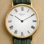 Arany (Au/18k) Chopard Classik ultra vékony karóra, mechanikus szerkezettel, jelzett, működik, zöld bőr szíjjal, római számlappal, d: 32mm