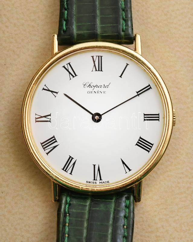 Arany (Au/18k) Chopard Classik ultra vékony karóra, mechanikus szerkezettel, jelzett, működik, zöld bőr szíjjal, római számlappal, d: 32mm