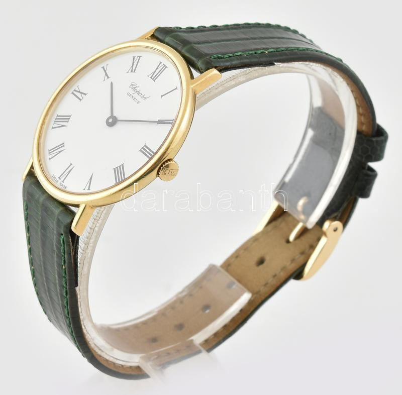 Arany (Au/18k) Chopard Classik ultra vékony karóra, mechanikus szerkezettel, jelzett, működik, zöld bőr szíjjal, római számlappal, d: 32mm - Image 2