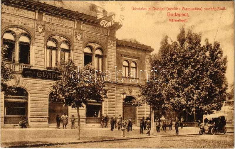 1912 Budapest XIV. Városliget, Gundel (ezelőtt Wampetics) vendéglő, autó (EK)
