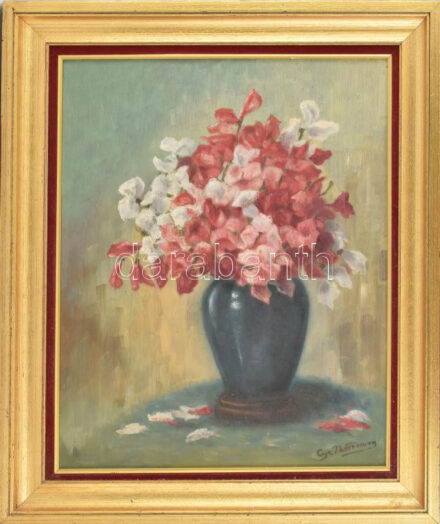 Moterman jelzéssel: Virágcsendélet. Olaj, rétegelt fa, keretben, 50x40 cm